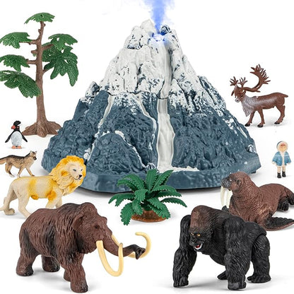 Prehistoric Animal Toys for Kids 3-5, Safari Animals Figurines and Snowy Volcano Toy Set with /Realistic Mammoth, Lion and Gorilla. Educational Gift 4-9.Gift for Toddlers Boys & Girls