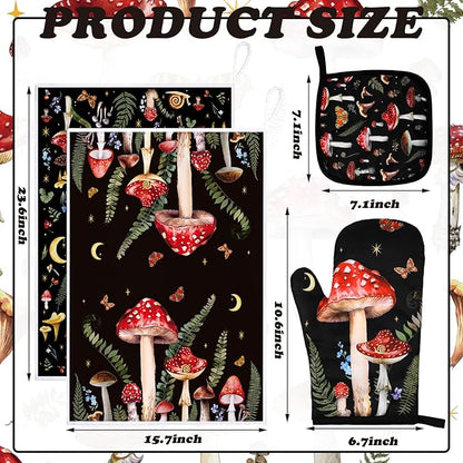 Bencailor 6 Pcs Mushroom Kitchen Towels Oven Mitts and Pot Holders Set