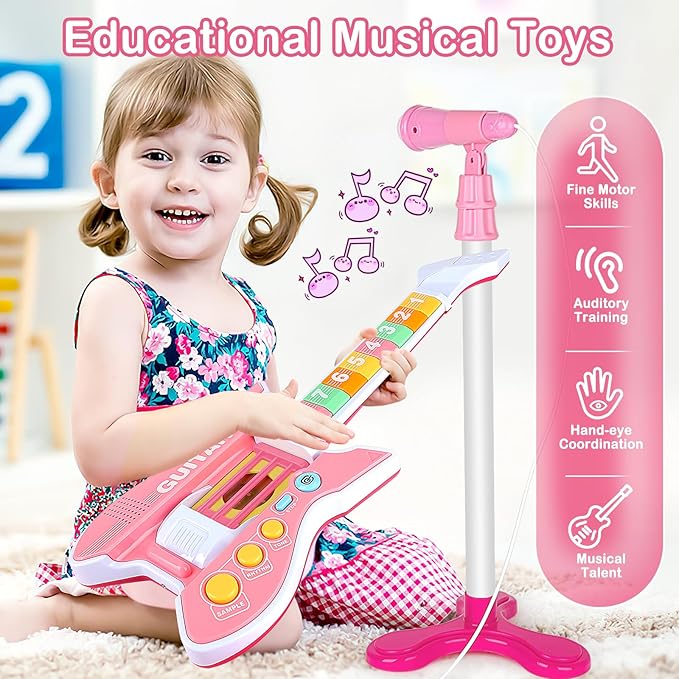 deAO Kids Guitar and Microphone Set with Stand Adjustable Height Music Light Karaoke Music Toys Christmas Birthday Gift for Kids Boys Girls (Pink)