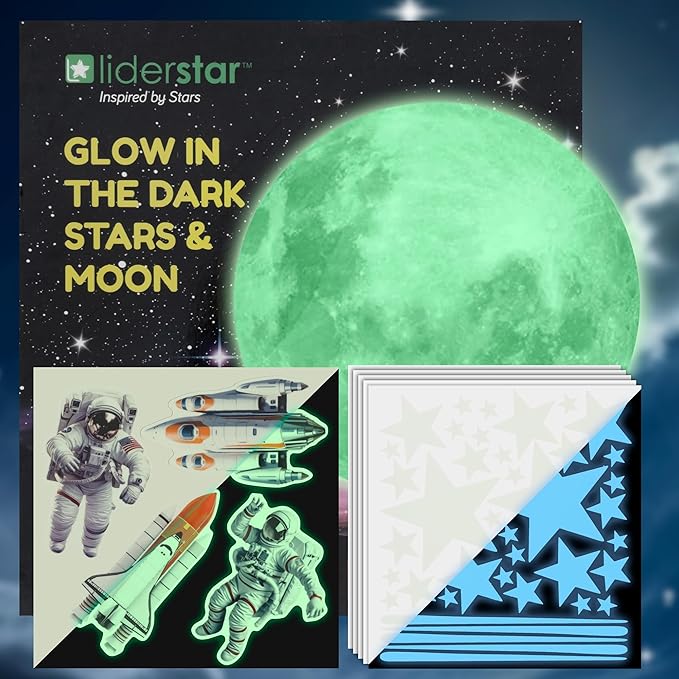 Glow in The Dark Stars for Ceiling, Luminous Stars and Moon USA Astronaut Rocket Spaceship Wall Decals, Space Decoration, Sticky Fluorescence Stars, Kids Room Decor, Galaxy Wall Stickers
