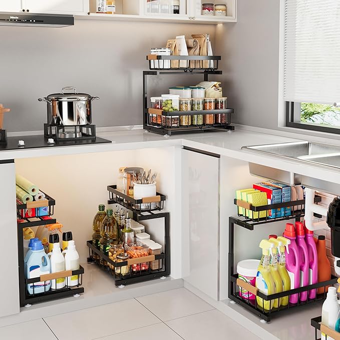 ADBIU Under Sink Organizer, 2 Pack 2 Tier Expandable Height Pull out Kitchen