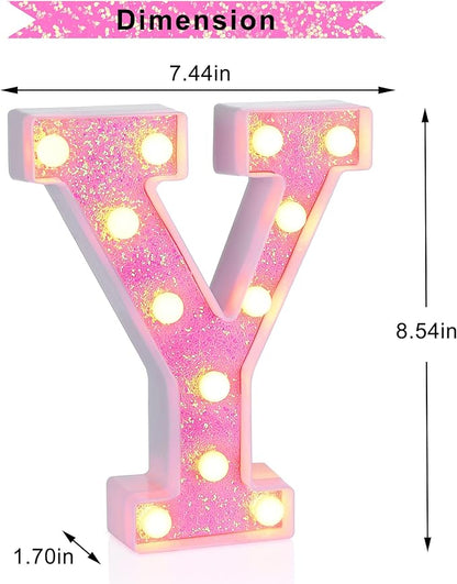 Foaky Pink Light up Letters，Pink Party Decorations,Girls Room Decor,Glitter Light Up Letters,Alphabet Letter Sign for Night Light Birthday Party Girls Gifts, Home Bar Decoration（Y）