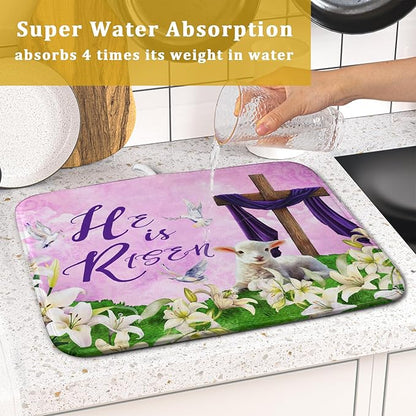 Giwawa Easter Purple Dish Drying Mat, He is Risen Cross Lamb Floral Dish