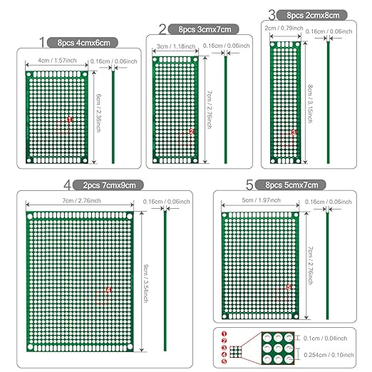 Chanzon 34 Pcs Double Sided PCB Board Tinned Through Holes (5 Sizes 2X8 3X7 4X6 5X7 7x9) Prototype Kit FR4 Printed Universal Circuit Perfboard for DIY Soldering Project Compatible with Arduino Kits