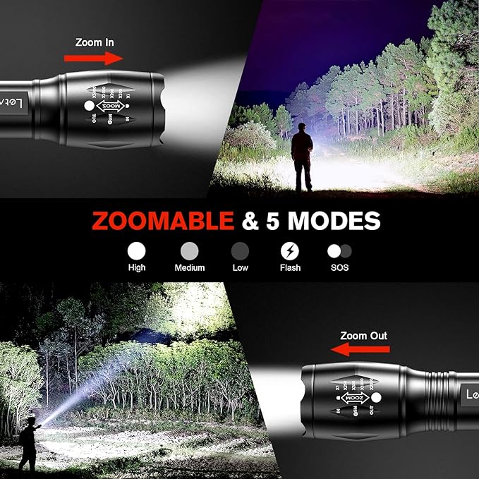 LETMY LED Tactical Flashlight S2000 [4 Pack] - High Lumens, Zoomable, 5 Modes, Waterproof Handheld LED Flashlight - Best Camping, Outdoor, Emergency, Everyday Flashlights