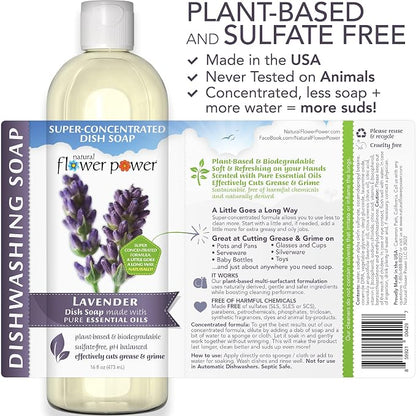 Natural Flower Power Liquid Dish Soap – Variety Pack – Citrus & Spice, Lemongrass, & Lavender – Plant-Based & Scented w/ Pure Essential Oils – Sulfate-Free Kitchen Soap – Vegan (16 Fl Oz 3 Pack)