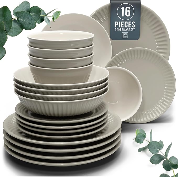 Stoneware Dinnerware Set for 4 People HYGGE 16-Piece - Elegant Scandi Design - Premium Dish Set - Bowl and Plate Set - Tableware for 4 People in a Ribbed Design - Pure Living in Light Brown