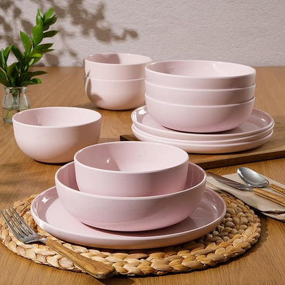 Gibson Home Candy Skies 12 Piece Unbreakable Wheat Straw Melamine Plates and Bowls Dinnerware Set - Outdoor, Camping, & Everyday Use - Matte Exterior/Shiny Interior Pink