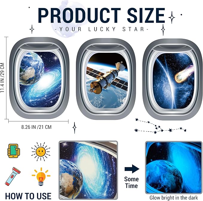 Glow in The Dark 3D Space Wall Decals, Set of 3 Galaxy Window Stickers for Wall, Space Themed Room Decor for Kids Boys (Blue)