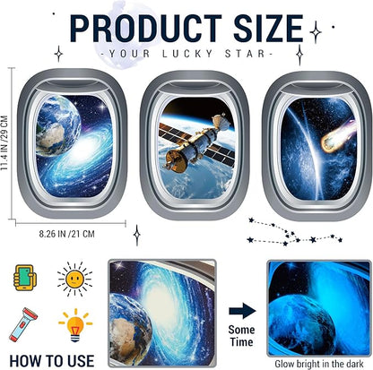 Glow in The Dark 3D Space Wall Decals, Set of 3 Galaxy Window Stickers for Wall, Space Themed Room Decor for Kids Boys (Blue)