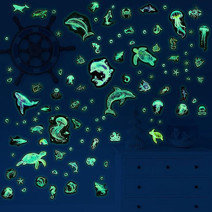 Fantasy Ocean Fish Wall Decals Glow in The Dark, Colorful Neon Ocean Animal Wall Stickers for Kids, Waterproof Vinyl Sea Creature Stickers, Ceiling Walls Room Bathroom Bedroom