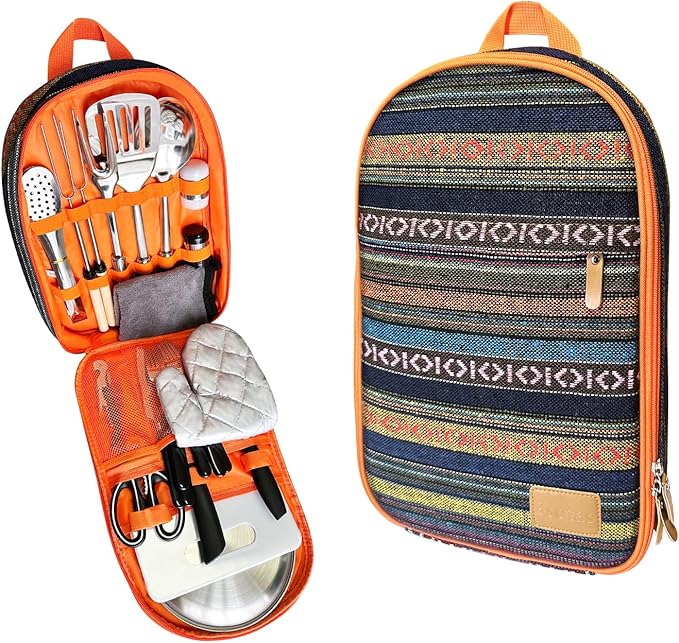 Camping Cooking Utensils Set - Camping Utensil Set Car Camping Cooking Essentials Gear for Camp Kitchen Cooking and Grilling, Stainless Steel & Silicone Ideal Gift for RV Tent Camper