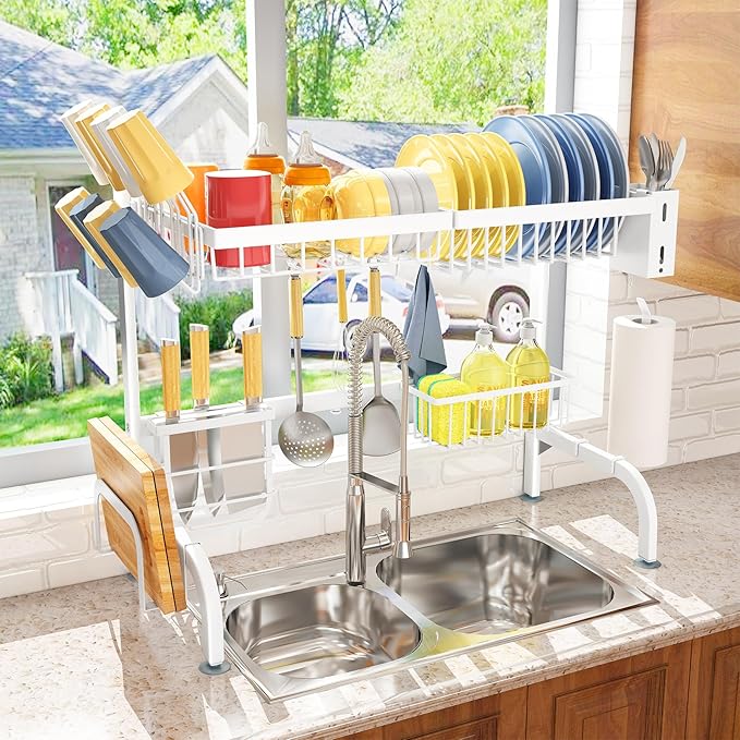 Over The Sink Dish Drying Rack, Adjustable 2 Tier Metal Steel Dish Drying Racks