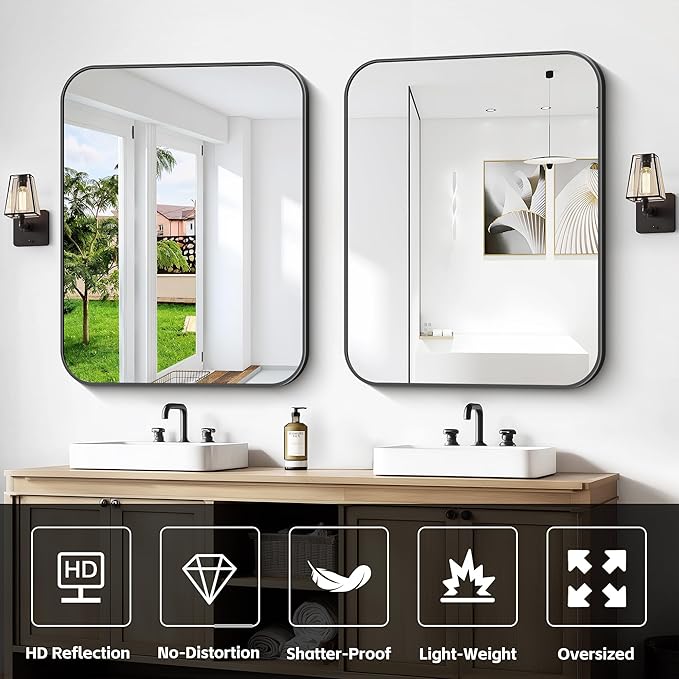 Bathroom Mirror, 30 x 24 inch Metal Framed Black Rectangle Mirror, Rounded