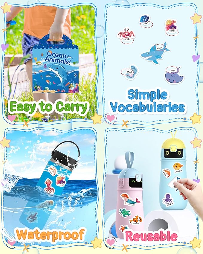 Benresive Reusable Sticker Book for Toddlers 2-4 Years, Fun Travel Stickers for Kids, Waterproof Sticker Books for Toddlers 1-3, Crafts Activities for Todddlers 1-3 2-4 3-5 - Ocean Animals