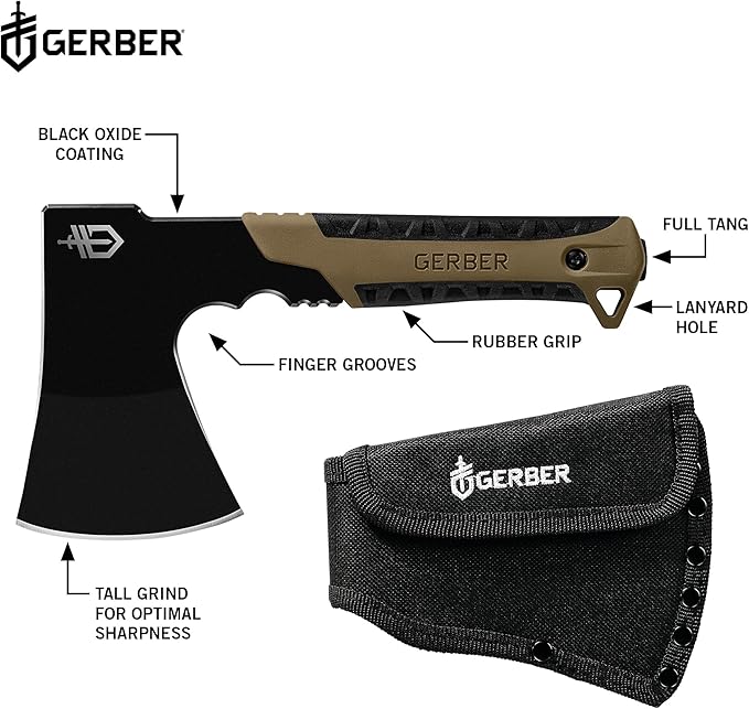 Gerber Gear Pack Hatchet - 3.5" Steel Blade Axe with Full Tang - Survival, Bushcraft and Camping Gear - with Mountable Nylon Sheath - Brown