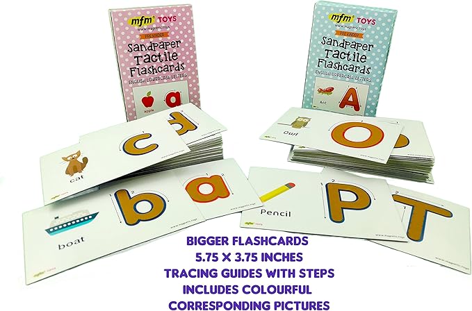 MFM Toys Sandpaper Alphabets Letters Numerals Flashcards Tactile - Early Learning Aid (Uppercase, Lowercase Combo)