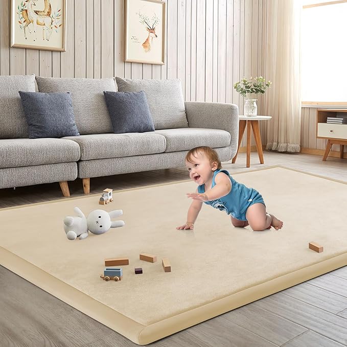 Baby Play Mat for Floor Tummy Time Mat Nursery Rug Muscle Area Playroom Rug Tatami 79"x118" Memory Foam 1.3" Thick Crawling For Babies,Toddlers, Infants, Kids,Floor(Beige)