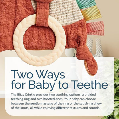 Itzy Ritzy - Bitzy Crinkle Sensory Toy Fox with Crinkle Sound for Babies & Toddlers - Features Soft Braided Teething Ring & Textured Ribbons, Designed for Ages 0 Months and Up, Fox