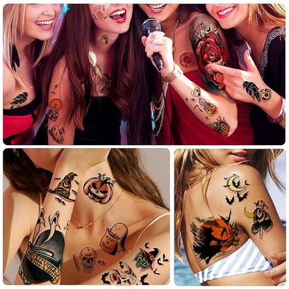 Yazhiji 40 Sheets Halloween Temporary Tattoos Pumpkin Witch Sugar Skull Tattoo Family Set Tats for Women Men Boys and Girls
