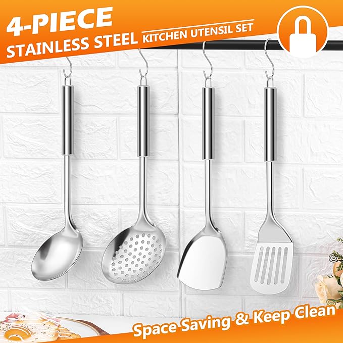 E-far Stainless Steel Cooking Utensils, 4-Piece Heat Resistant Kitchen Utensils Set, Non-toxic Metal Kitchen Tools Spatulas Set Including Soup Ladle, Slotted/Solid Turner, Skimmer, Dishwasher Safe