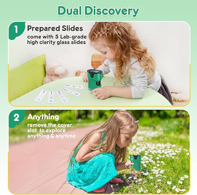 1000X Handheld Microscope for Kids 4K 2.0" Screen Rechargeable Mini Pocket Digital Microscopes w/Slides Kit Portable Edu Gift Age 4-6 8-12 Children Students (Green)