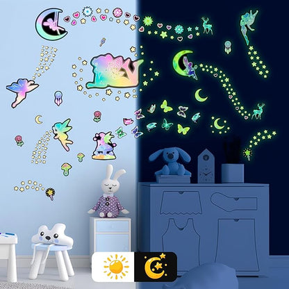 Glow in The Dark Fairy Star Wall Stickers, Neon Fantasy Elf Butterfly Wall Decal for Girls Room, Baby Girl Boy Bedroom Ceiling Nursery Decoration
