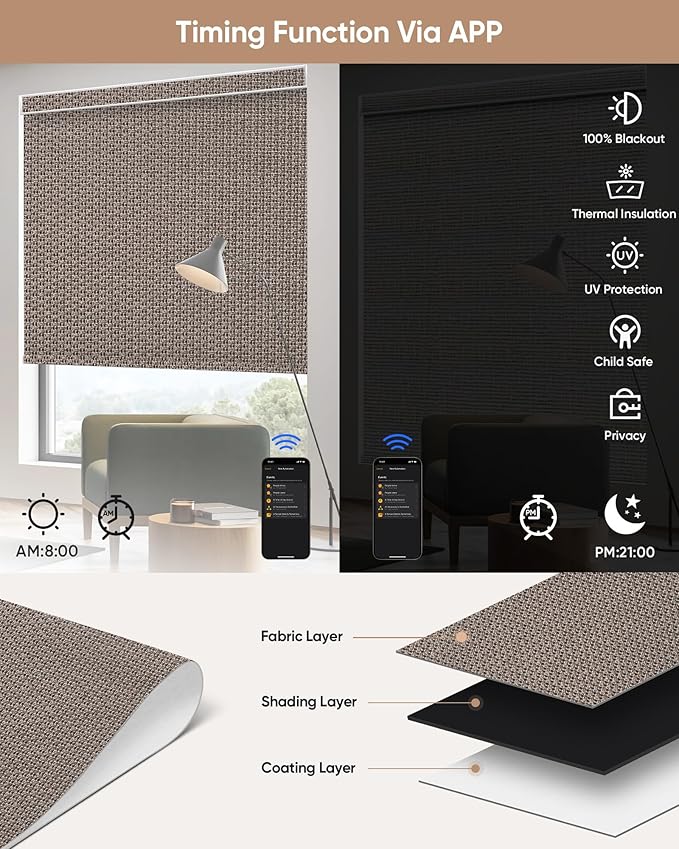 Kincmo Motorized Blinds with Remote, 100% Blackout Motorized Roller Shades Work