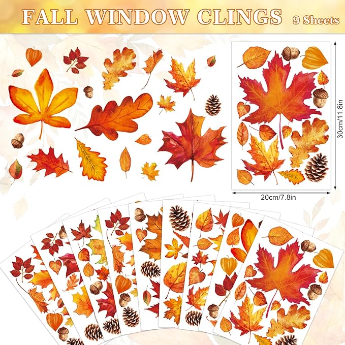 Whaline 9 Sheet Fall Window Clings Watercolor Orange-Brown Maple Leaves Pine Cone Acorn Double-Sided Reusable Windows Decals for Autumn Thanksgiving Halloween Home Windows Glass Holiday Decor
