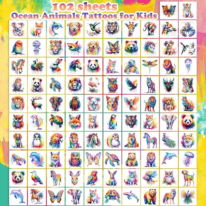 102 PCS Individually Wrapped Watercolor Animals Temporary Tattoo for kids - Cute Animals Temporary for Girls Boy Body Arm Shoulder Cute Tattoos Stickers, Birthday Party Supplies Gifts for Kids
