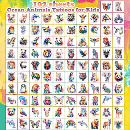102 PCS Individually Wrapped Watercolor Animals Temporary Tattoo for kids - Cute Animals Temporary for Girls Boy Body Arm Shoulder Cute Tattoos Stickers, Birthday Party Supplies Gifts for Kids