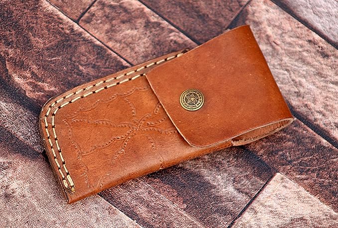 9" long Folding Knife, Bull Horn Scale with Engraved steel bolster, custom made 4" Hand Forged Damascus steel blade Cow hide leather sheath with belt loop (Bull Horn) (Parrot green)