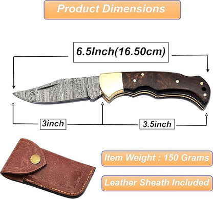 6.5" Handmade Damascus Steel Folding Hunting Knives For Men, Pocket Knife For Camping, Survival, Skinning And Outdoor Activities With Leather Sheath. (Rosewood)