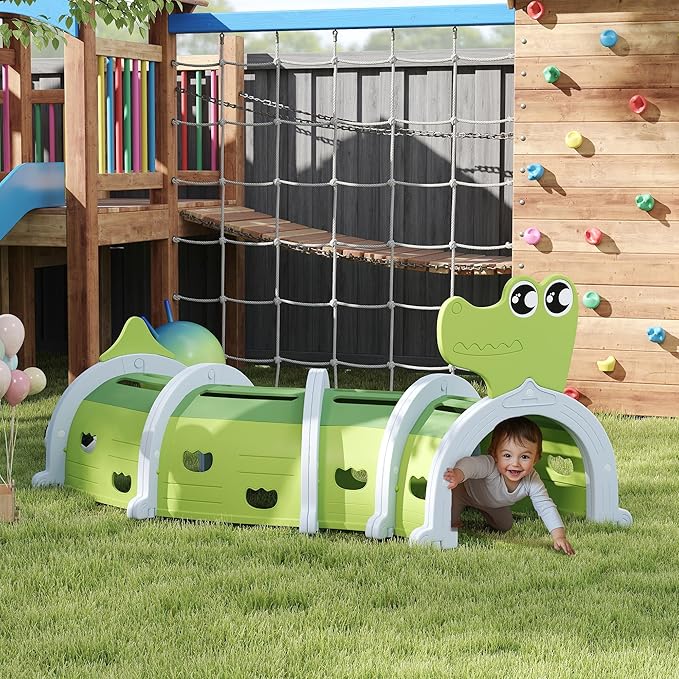 Qaba Crocodile Tunnel, Toddler Tunnel for Kids Crawl and Climb Through, Kids' Play Structure Indoor Outdoor, 4 Sections, Green