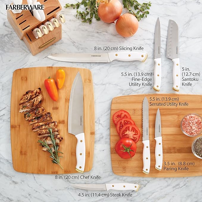 FARBERWARE 15-Piece Knife Block Set, Triple-Riveted High-Carbon Stainless Steel