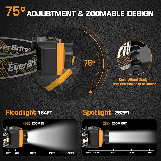 EverBrite 600 Lumen Headlamp, Rechargeable Headlight with 4 Modes, Super Bright Head Lamp with Spotlight & Floodlight, Motion Sensor, Memory Function for Camping, Hiking-Orange