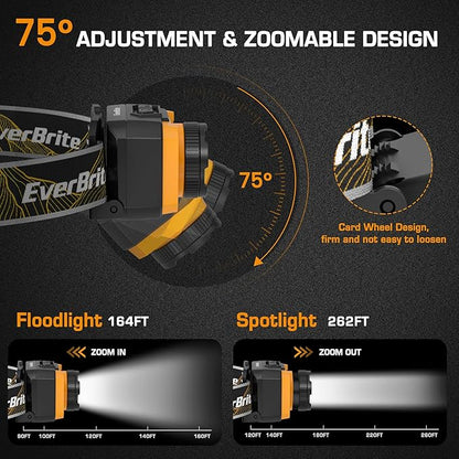 EverBrite 600 Lumen Headlamp, Rechargeable Headlight with 4 Modes, Super Bright Head Lamp with Spotlight & Floodlight, Motion Sensor, Memory Function for Camping, Hiking-Orange