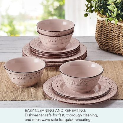 Pfaltzgraff Trellis Pink 12 Piece Dinnerware Plate Bowl Set, Service for 4
