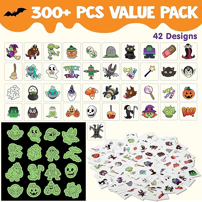 JOYIN 306 Pcs Halloween Glowing Temporary Tattoos for Kids, 42 Assorted Designs Bulk for Child Trick or Treat Game Gifts Halloween Party Favor Decorations Supplies Goodie Bags, Class Game Prizes
