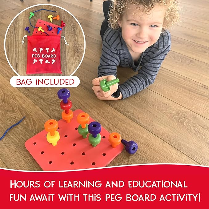 Foam Peg Board Toy - 36 Pegs, Foam Board, Lacing String, Storage Bag - Occupational Therapy Toys - Fine Motor Skills Toys for Toddlers and Kids (Red)
