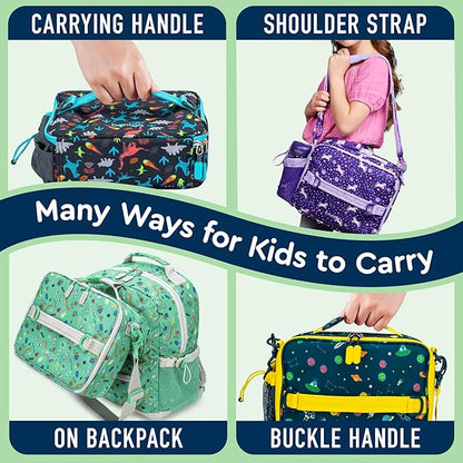 Bentgo Kids Lunch Bag - Durable, Double-Insulated Lunch Bag for Kids 3+; Holds Lunch Box, Water Bottle, & Snacks; Easy-Clean Water-Resistant Fabric & Multiple Zippered Pockets (Space)