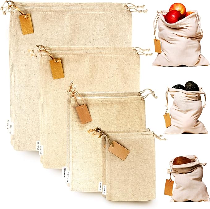 LEAFICO Muslin Cloth Bags with Drawstrings - Set of 8 (S, M, L, XL) - Reusable Natural Cotton Bags for Bulk Food Storage - Canvas Fabric Sachets