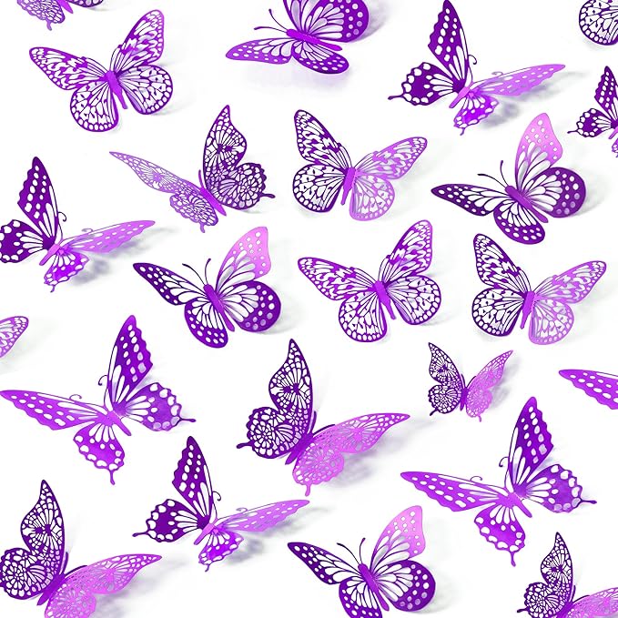 SAOROPEB 3D Butterfly Wall Decor - 48 Pcs, 4 Styles, 3 Sizes - Purple Butterfly Decorations for Birthday Parties, Removable Stickers
