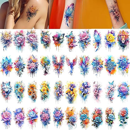 52 Watercolor Temporary Tattoos for Women Adults - Realistic 3D Floral Butterfly Phoenix Mandala Fake Tattoos Set, Waterproof Long Lasting Body Sticker for Parties Weddings (12 Large Tattoos Included)