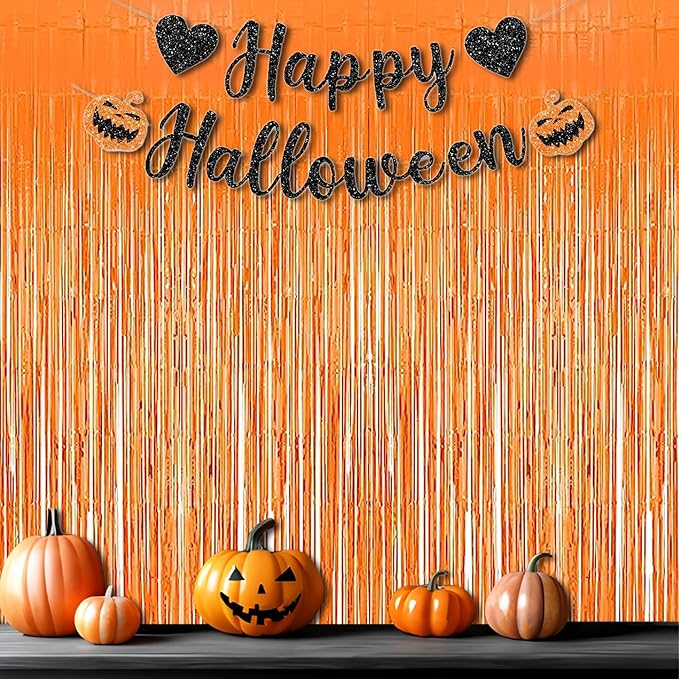 Foil Fringe Curtains Halloweens Decorations - Orange Tinsel Photo Backdrop Party Streamers for St Patricks Day, Easter, Birthdays, Fall, Pumpkin Theme, Thanksgiving, Basketball Party Decorations