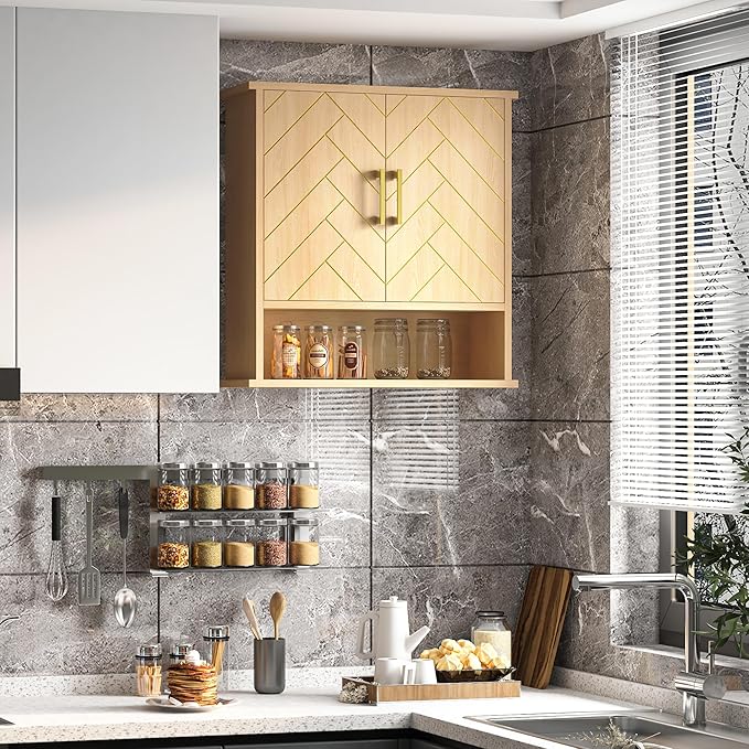Natural Chevron Pattern Bathroom Wall Mount Cabinet, Over The Toilet Storage