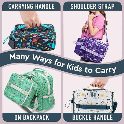 Bentgo Kids Lunch Bag - Durable, Double-Insulated Lunch Bag for Kids 3+; Holds Lunch Box, Water Bottle, & Snacks; Easy-Clean Water-Resistant Fabric & Multiple Zippered Pockets (Friendly Skies)