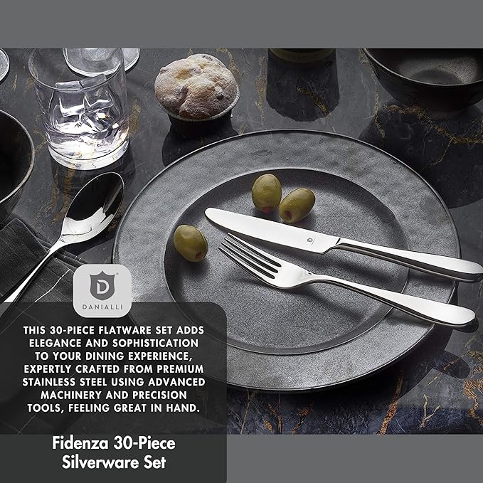 Silverware Set for 6 – 18/10 Stainless Steel Flatware, Mirror Finish, Dishwasher Safe, Durable and Balanced Utensils, Modern Tableware (30-Piece Set, Fidenza)