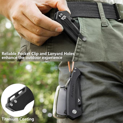 FLISSA Pocket Folding Knife, 3.2??D2 Blade G10 Handle EDC Knife with Pocket Clip Liner Lock for Hunting, Camping, Survival, Outdoor Activities(Black)