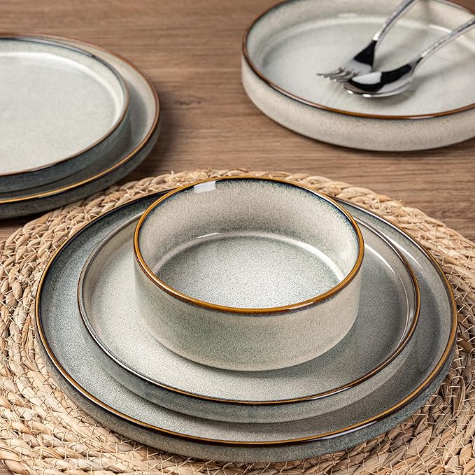 GBHOME Ceramic Dinnerware Sets for 4, 12 Pieces Stoneware Plates and Bowls Sets, Reactive Glaze Dishes -Scratch Resistant, Dishwasher&Microwave Safe